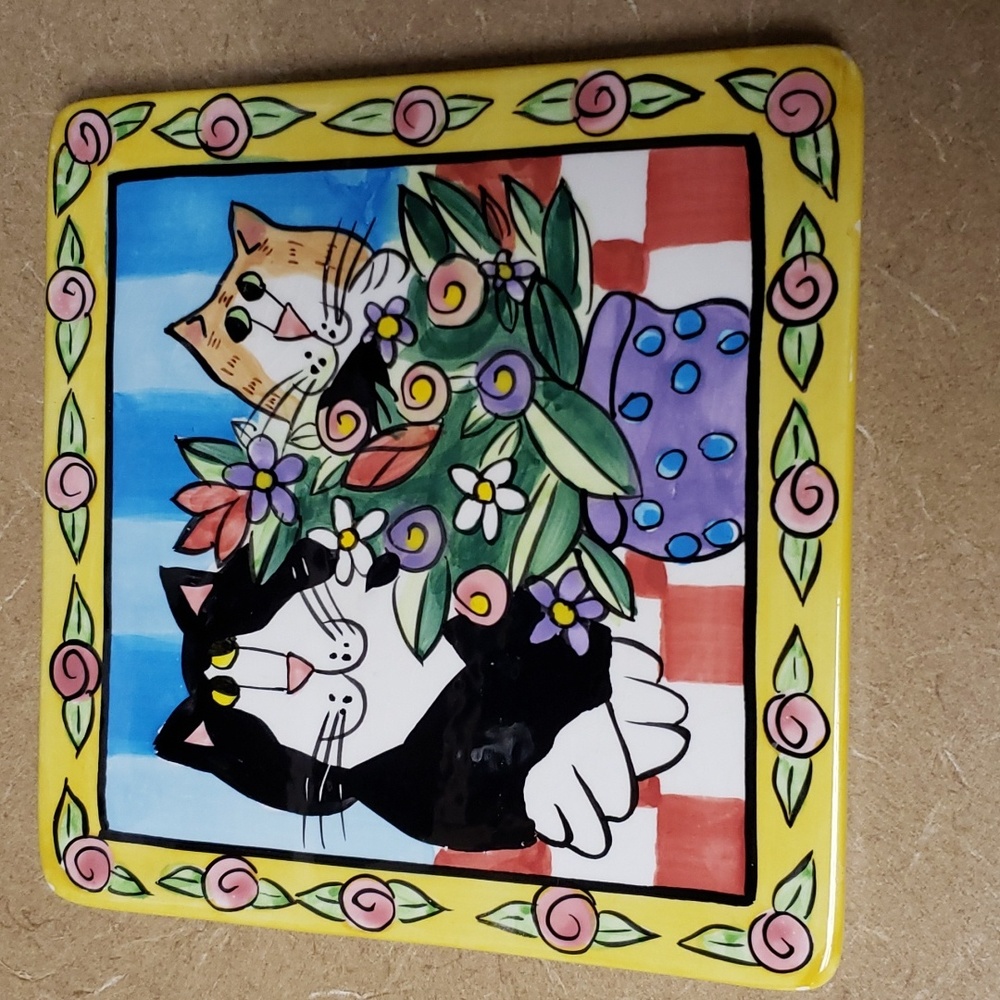 Catzilla Candace Reiter Designs Ceramic Decorative Trivet 2000 Cat Flowers